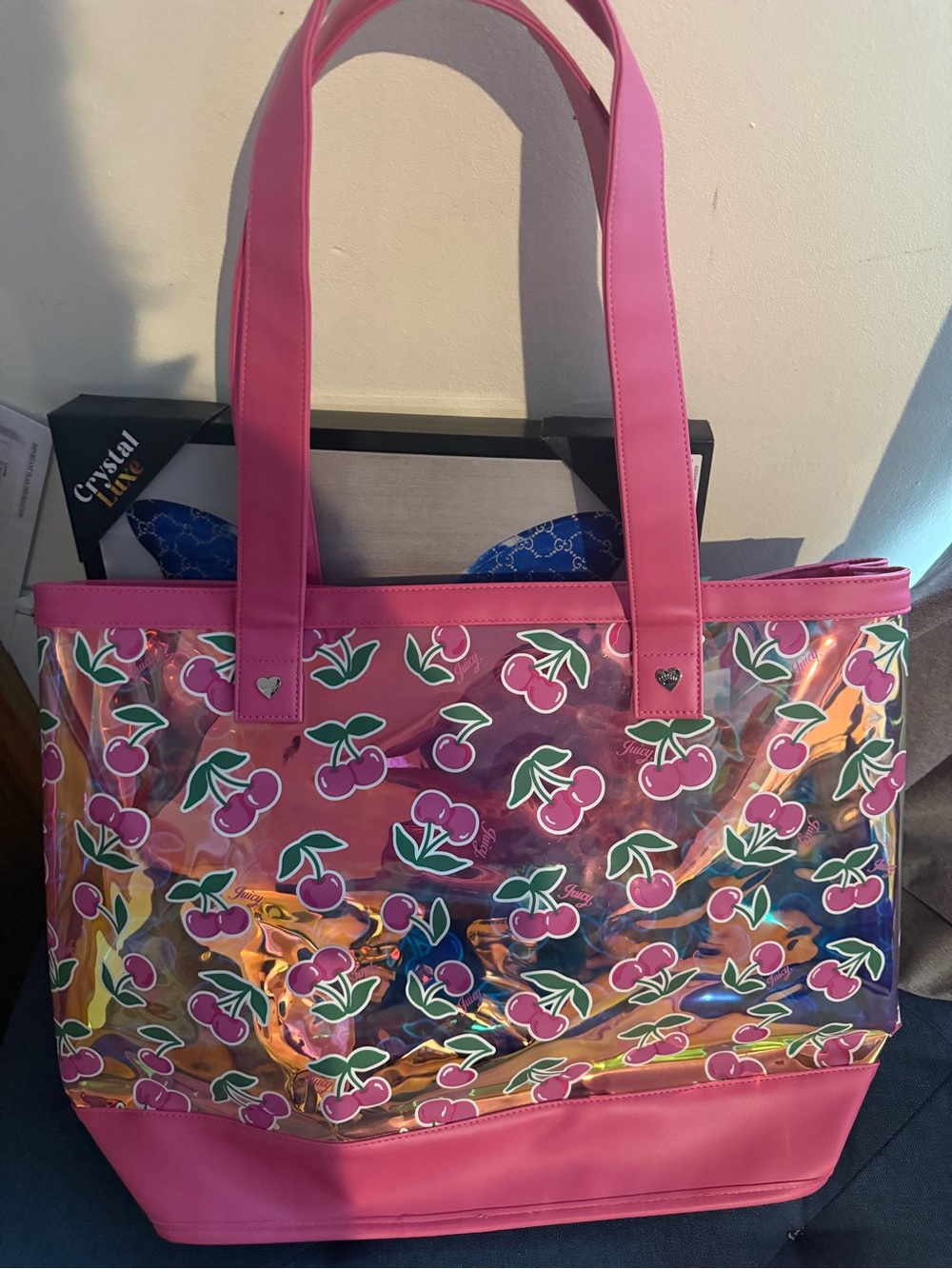 Juicy Couture Pink Cherry Print Clear Tote Bag XL beach bag NWT